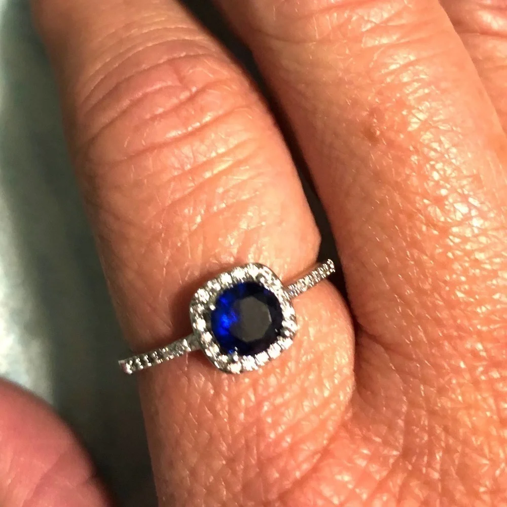 Blue and White CZ Silvertone Halo Ring Size 9.5 – 0.91 Ctw Sapphire Blue Ring